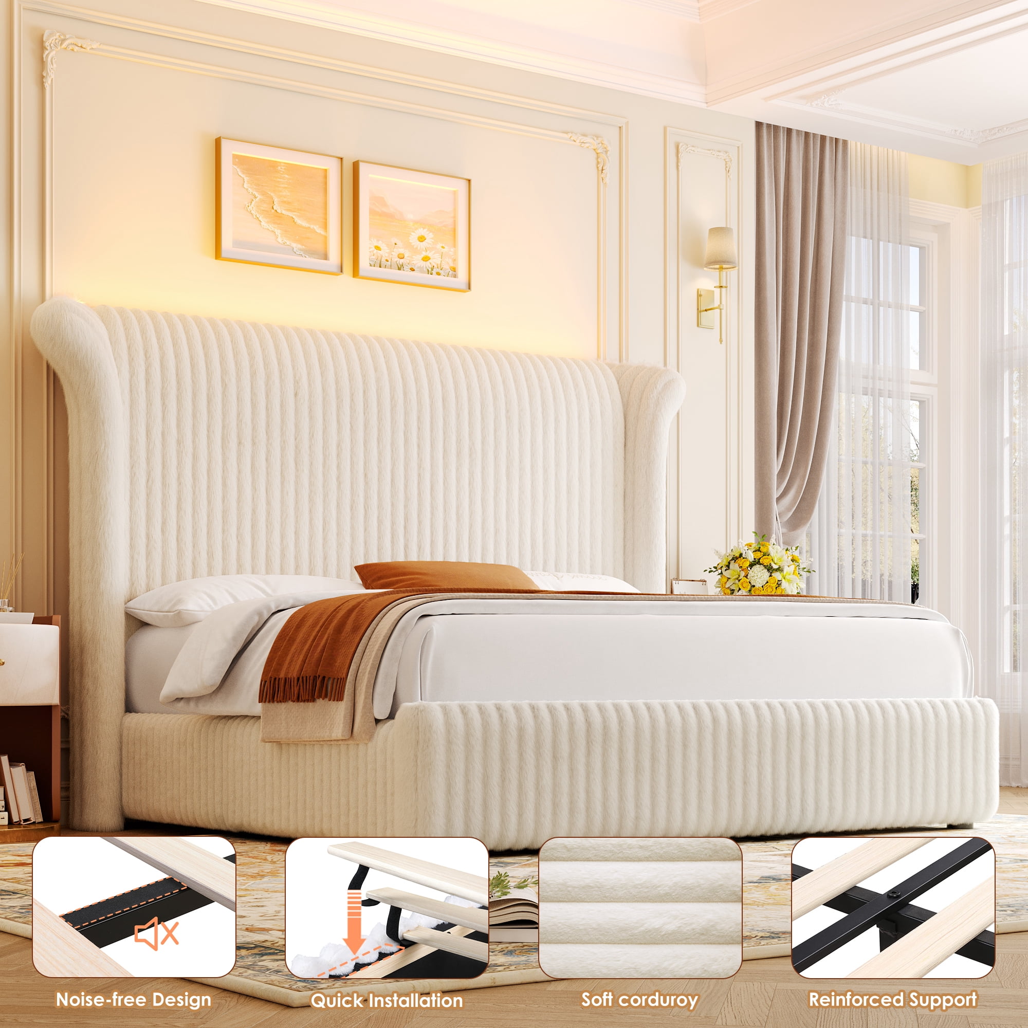 Hiphuta Corduroy Upholstered Queen Size Bed Frame with Headboard, LED Platform Queen Bed Frame with 55"H Tall Vertical Stripe Corduroy Wingback Headboard, White