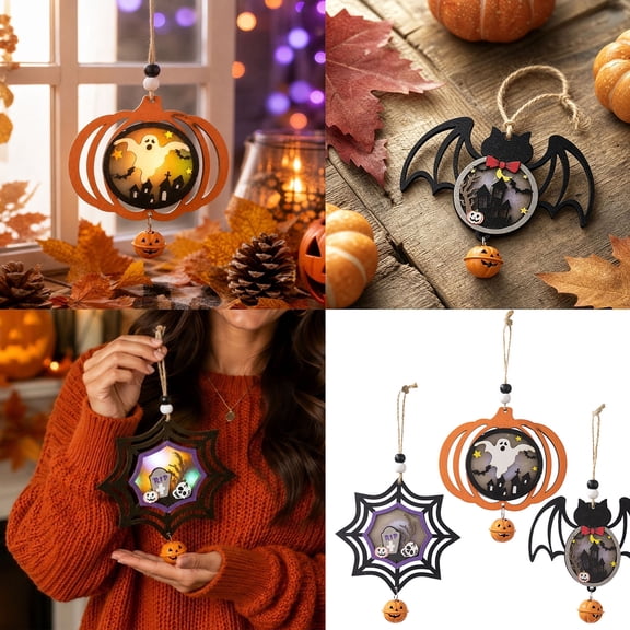 Fufafayo 3Pcs Halloween Wooden Pendant With Lights, Hanging Wood Decor for Fall Autumn Home, Spooky Glowing Lantern Ornament for Wall Door Window, Halloween Party Decoration