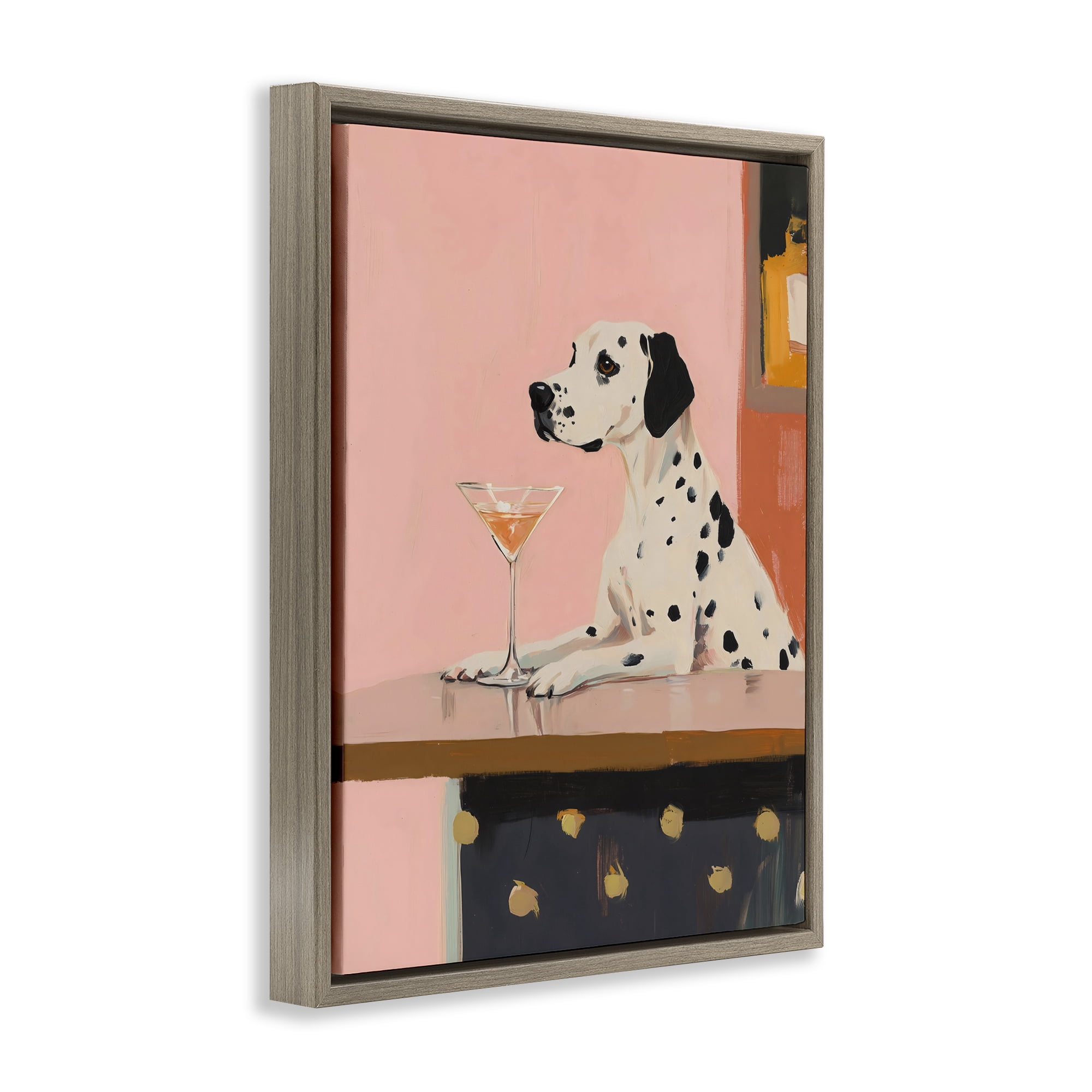 Stupell Industries Dalmatian at Cocktail Bar Brown Framed Floater Canvas Wall Art, design by The Prints Vibe
