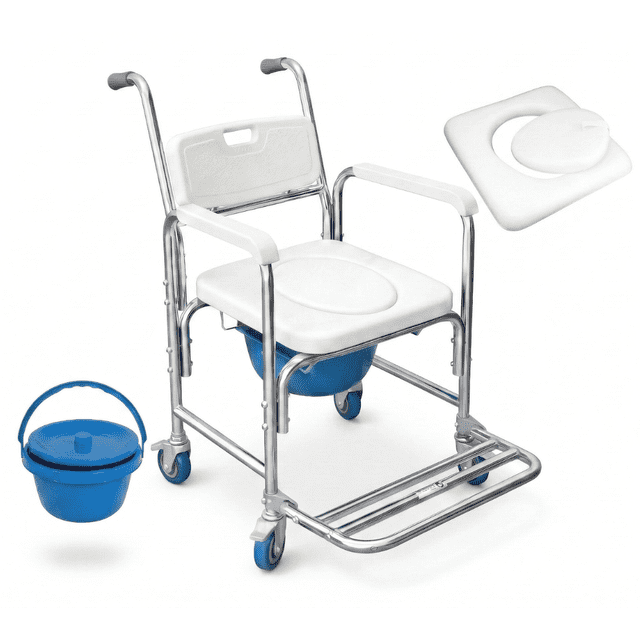 Silla Comodo 3 en 1 con Ruedas y Freno en 4 Llantas | Asiento Acojinado Impermeable | Silla para Baño, Ducha e Inodoro Portátil Adulto Mayor | Soporta 110 kg