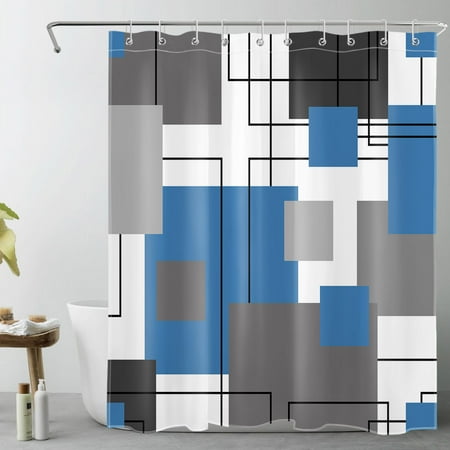 Grey and White Striped Geometric Shower Curtain Decor, Abstract Mid Century Modern Black Blue Shower Curtains for Bathroom 60X72 inch Polyester Fabric Bathroom Decoration Bath Curtains Hooks Included