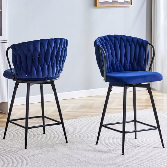 S-HOME Modern Velvet Braided Bar Stool Set of 2 with Woven Rope Backrest Metal Frame, Blue Upholstered Kitchen Seating