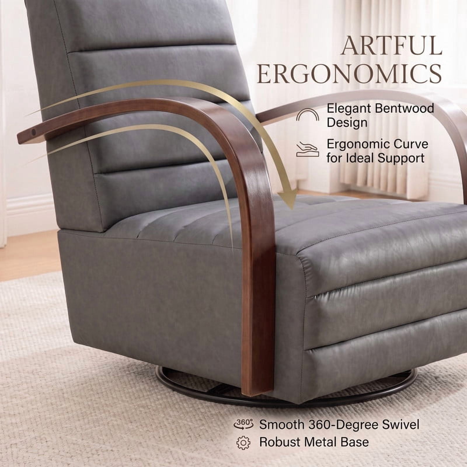 Gewnee Accent Chair, 360°Swivel Upholstered Reading Chair,Modern Armchair for Living Room, Bedroom & Home Office, Gray