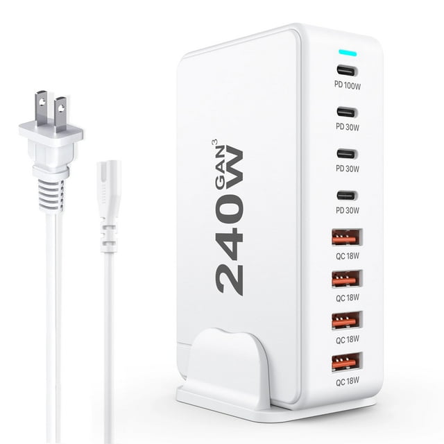 Cargador USB C, 240 W, GaN, 8 puertos, cargador rápido para Samsung/iPhone