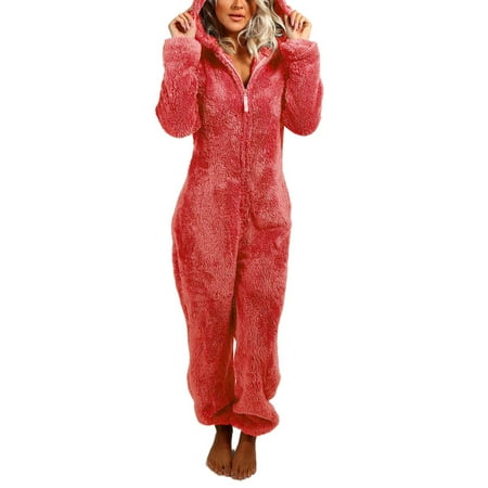 

KelaJuan Women Thick Plush Sleeping Romper with Bear Ear Hat Long Sleeve Zipper Hooded Jumpsuit for Autumn Winter