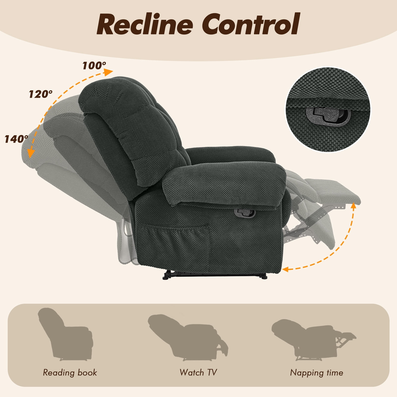 MOONMISS Recliner Chair, Comfortable Lay-Flat Sofa for Living Room,Gray