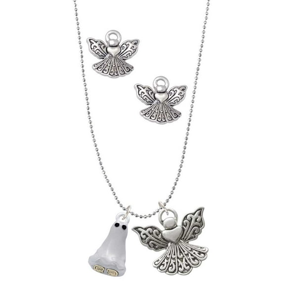 Delight Jewelry Two-tone 3-D Ghost with Black Crystals Silver tone Guardian Angel Charm Necklace and Stud Earrings