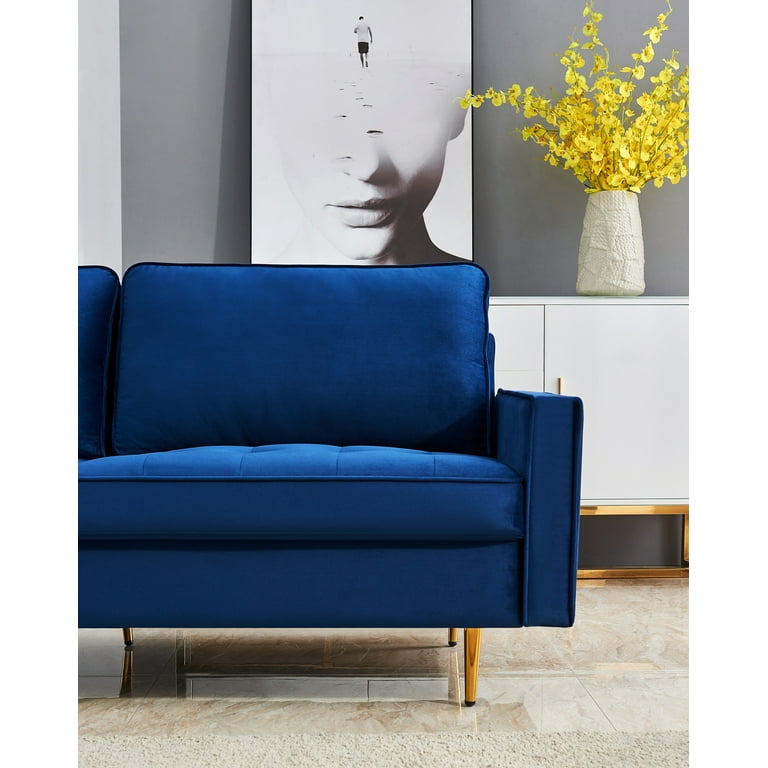 Navy Blue Velvet Couch Sofa JULYFOX Mid Century Modern Loveseat Sofa 71 inch Wide Button Tufted with Golden Legs For Small Spaces