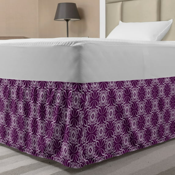 Oriental Bed Skirt, Wavy Bordered Diagonal Tiles with Abstract Flower Motifs at the Centre, Elastic Bedskirt Dust Ruffle Wrap Around for Bedding Decor, 4 Sizes, Pale Mauve and Purple, by Ambesonne