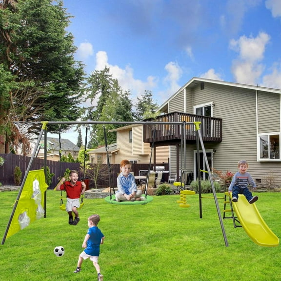 6 in 1 Kids Swing Set for Backyard, SHINPT Outdoor Swing Set with Net Swing & Sports Hoops,  Backyard Playground Set with Slide, Saucer Swing, Slider, Toddler Swing Set for Ages 3 , 440lbs Capacity