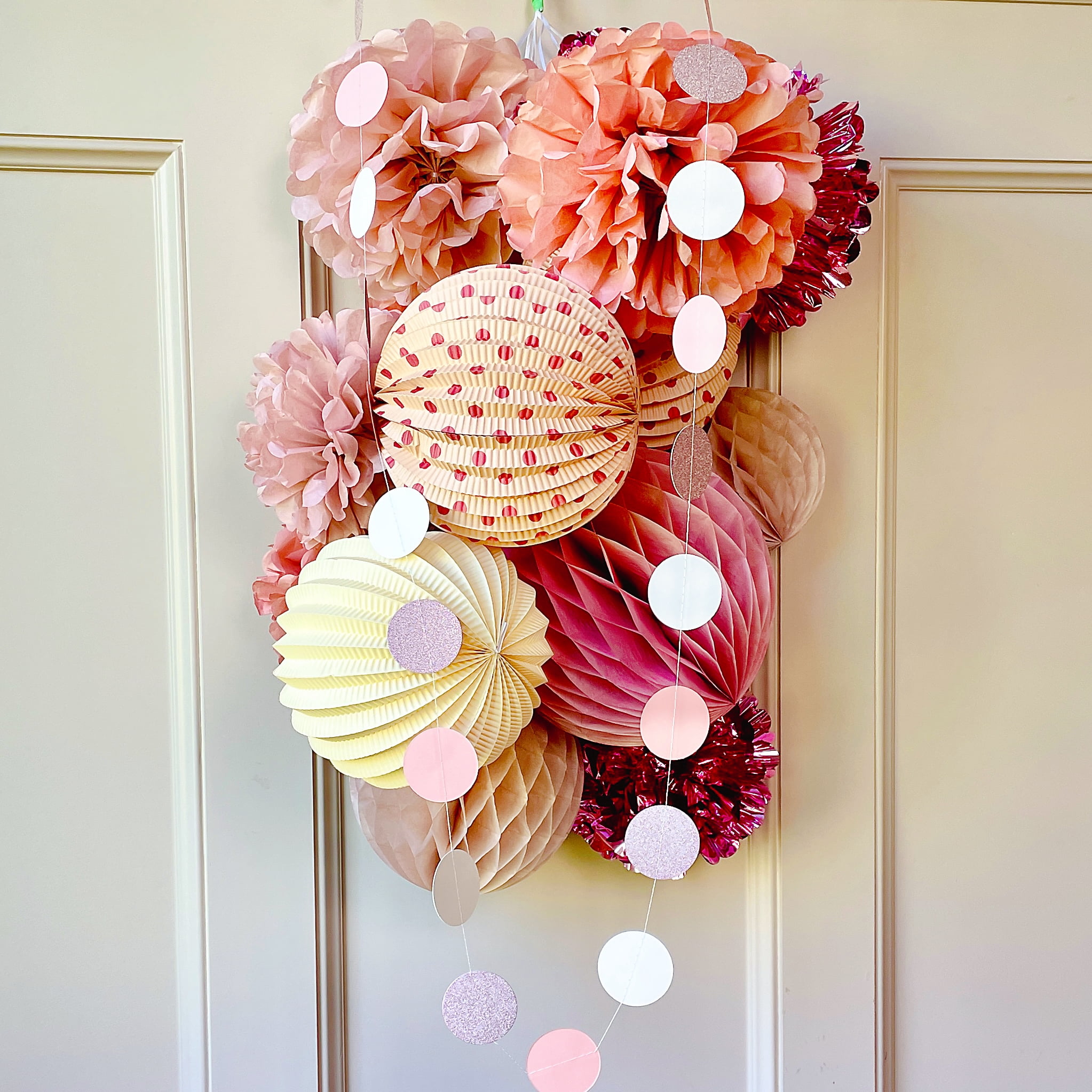 PapaKit Premium Paper Decoration Set - Pom Pom, Honeycomb and Accordion Lantern (Dusty Rose Bloom with Metallic Rose Gold) Birthday Party Baby Shower Bride to Be Engagement Wedding Events