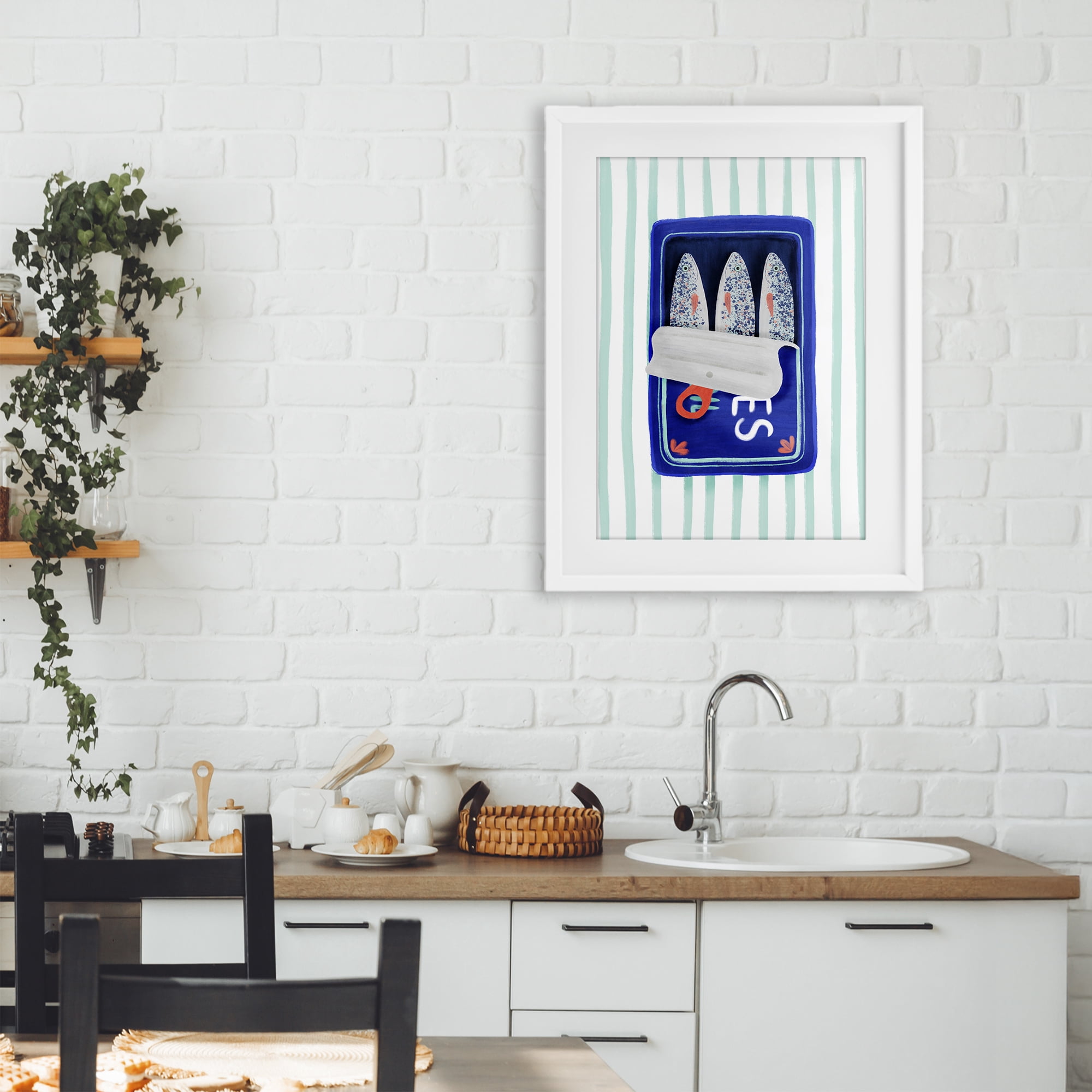 Stupell Industries Blue Sardines on Stripes White Framed Print Under Glass, design by Metka Hiti