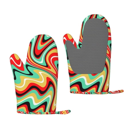 ZNDUO Kitchen Oven Gloves, Durable Heat Resistant Oven Gloves with Quilted Liner Non-Slip Textured Grip Perfect for BBQ, Baking, Cooking and Grilling, Psychedelic Waves Curved Lines