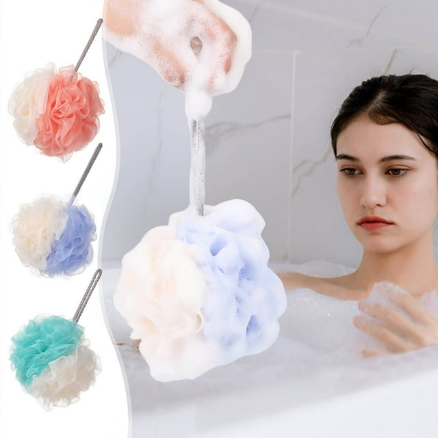 Esponja de baño bicolor - Esfoliante suave y que no cae pelo con lazo colgante - 12,5cm x 12,5cm