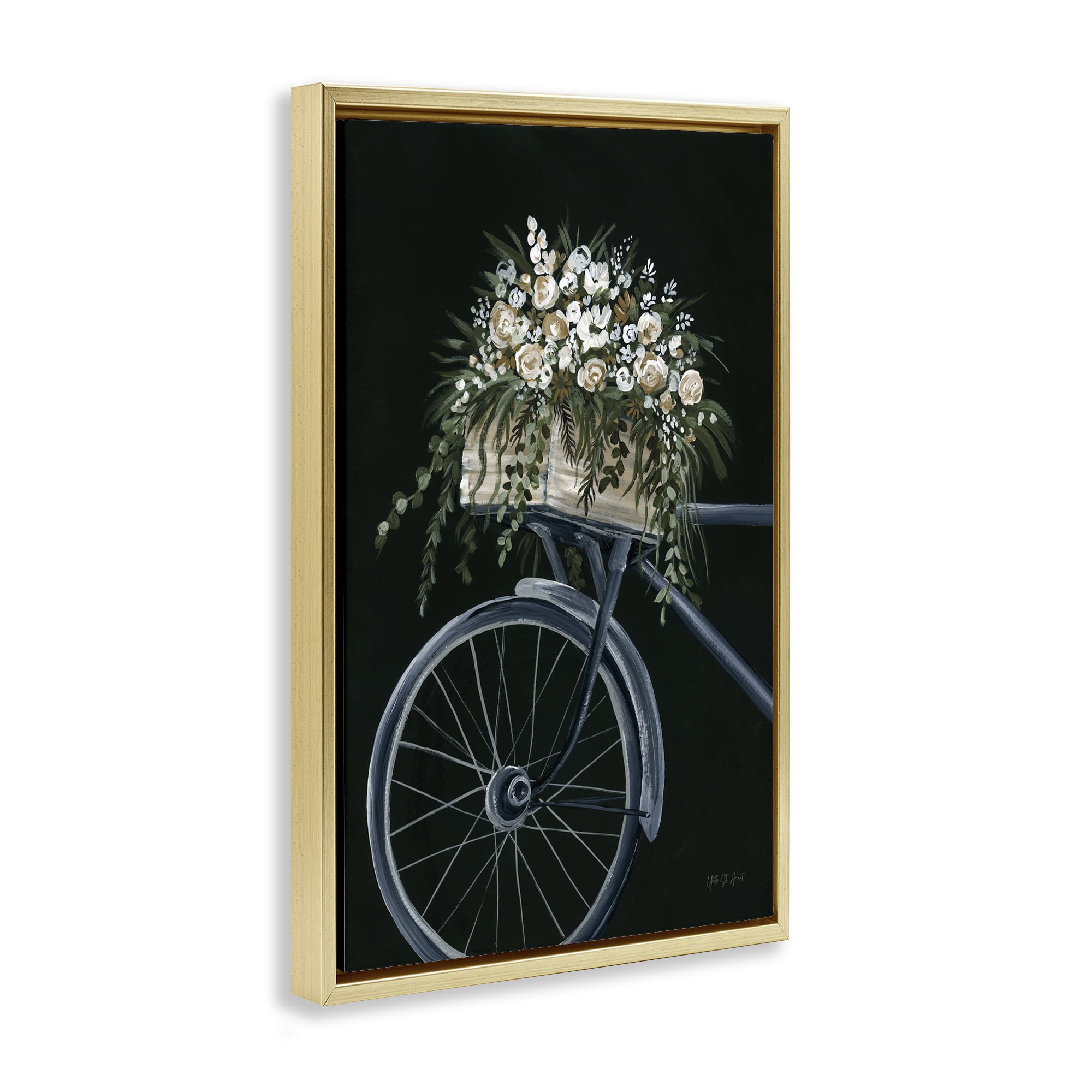 Stupell Industries Vintage Bicycle with Florals Transportation Painting Gold Floater Framed Canvas Art Print Wall Art, 17 x 25