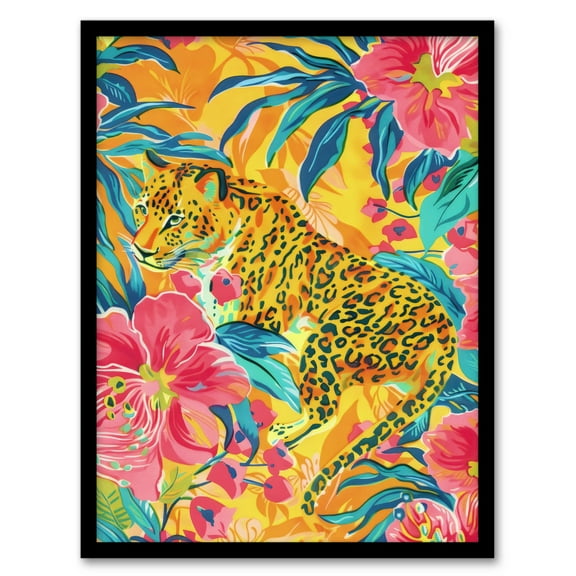 Artery8 Leopard in Pink Lily Jungle Vibrant Painting For Living Room Art Print Framed Poster Wall Decor 12x16 inch