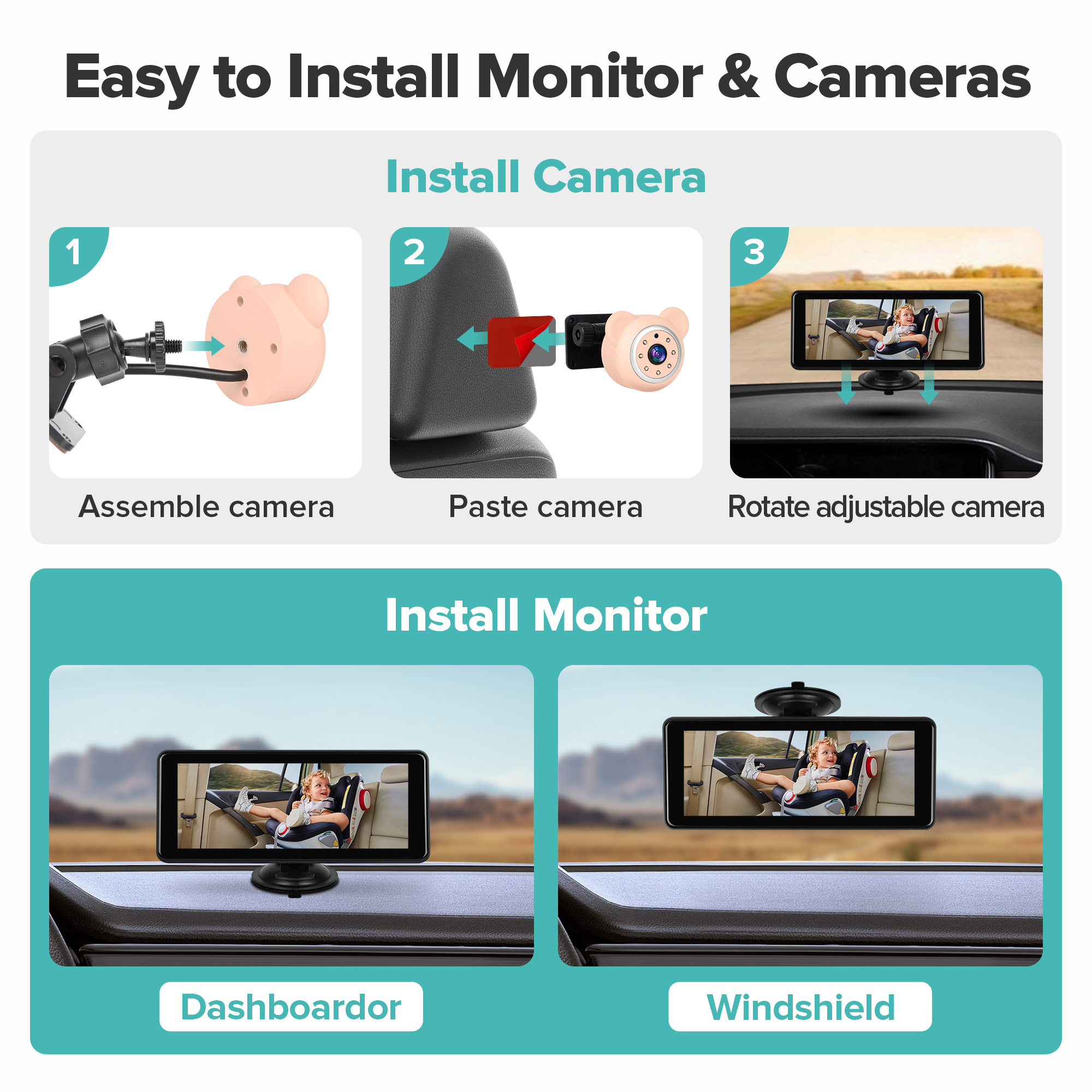 Baby Car Camera Backseat,6.86" Display Monitor,HD 1080P,Clear Wide View,IR Night Vision,Rear Facing Seat Camera for 2-Kids