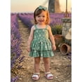 thumbnail image 5 of BemeyourBBs Newborn Baby Girl Smocked Romper Dress Summer Outfit Strap Sleeveless Square Neck Daisy Cherry Print Layered Ruffled Dress and Bow Headband 2Pcs Clothes Set, 5 of 9