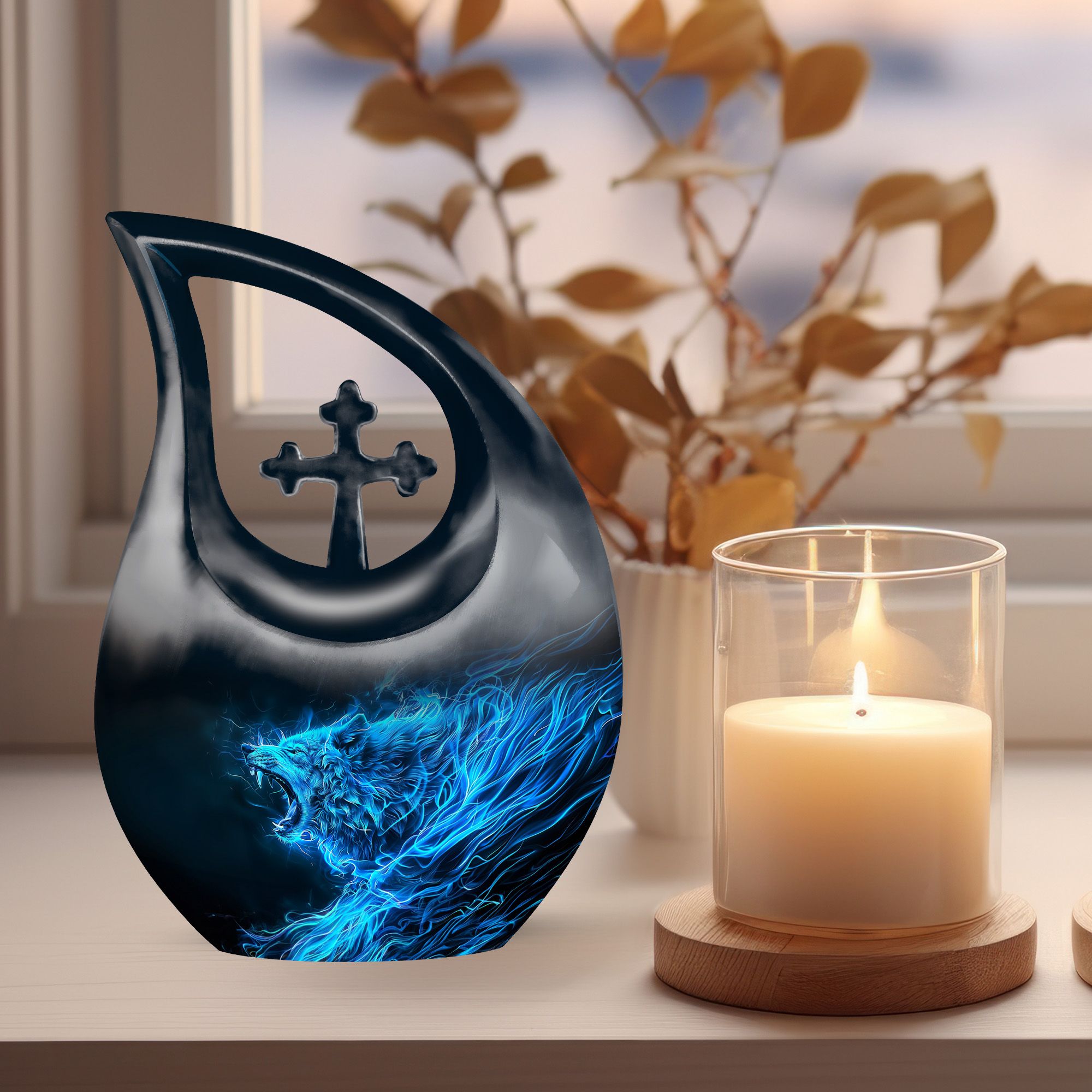 MUKTIVE Blue Wolf Large Funeral urns for Human Ashes Adult Women - Memorial urn for Human Ashes Adult Male - Burial Decorative Remains 10 inch