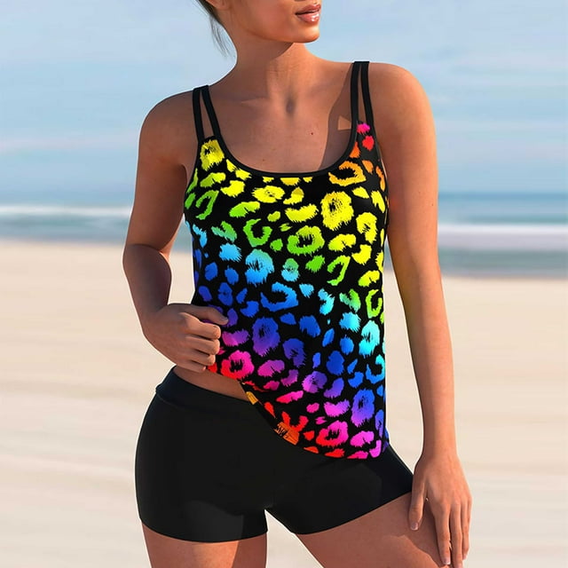 Plus Size Tankini Women's Swimsuit Two-Piece Tummy Control Sling Print Swimsuit