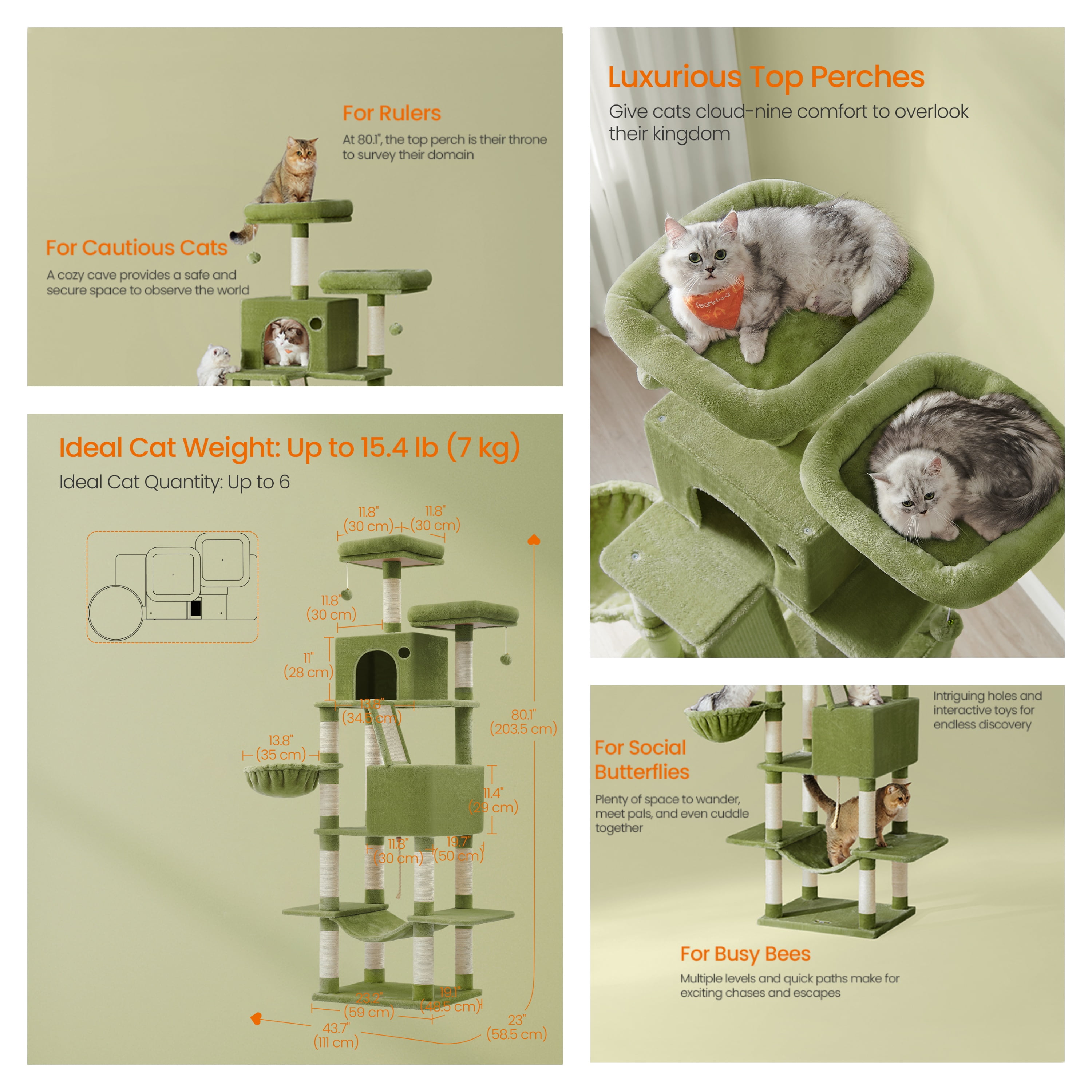 LEDREM 81.1-Inch Large Cat Tree Tower, Multi-Level Cat Condo with 13 Scratching Posts, 2 Perches, 2 Caves, Hammock & Basket, Green