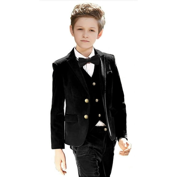 5 Pieces Boys Tuxedo Velvet Kids Suits (Blazer Pants Vest shirt bowtie) Wedding Dinner Party Performance