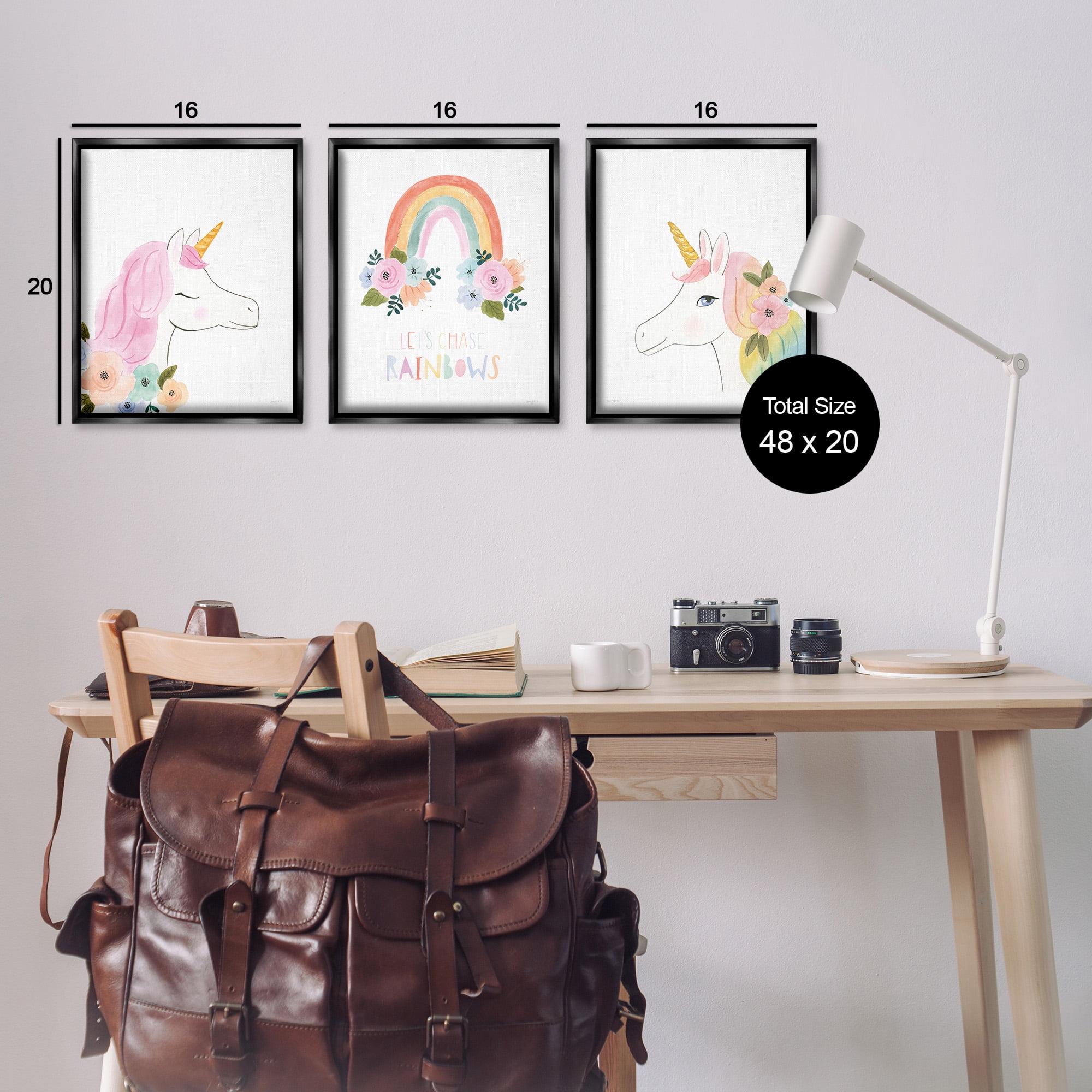 Stupell Industries Let's Chase Rainbows Unicorns Fairy Tales & Fantasy Painting Black Floater Framed Canvas Art Print Wall Art, 17 x 21, Set of 3