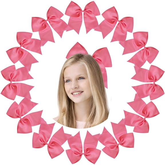 JoyBowie 12 Pack 8 Inch Large Pink Cheer Bows for Girls, Solid Color Grosgrain Hair Bows with Elastic Hair Ties for Cheerleading, Sports, and Daily Wear