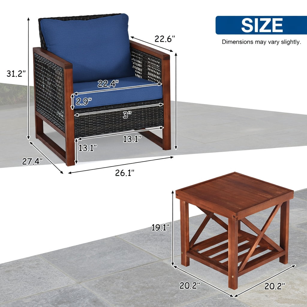 Hommoo 3-Piece Outdoor Wicker Patio Furniture Set, Rattan Sofa & Acacia Wood Coffee Table with Washable Cushions, Navy