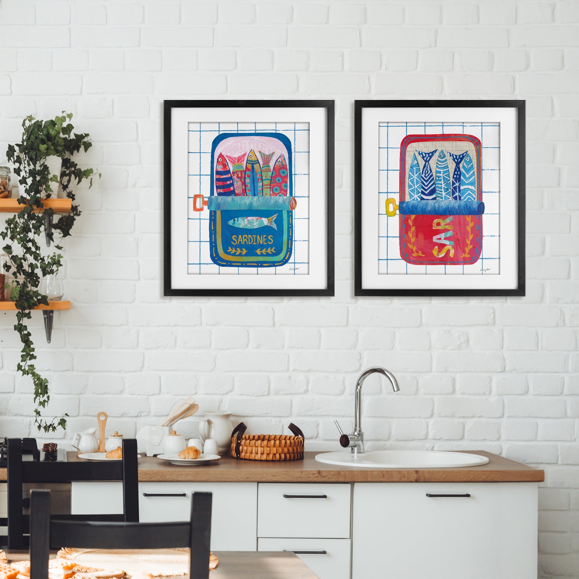 Stupell Industries Whimsical Silly Sardines 2 Piece Black Framed Print Under Glass Set, design by Courtney Prahl