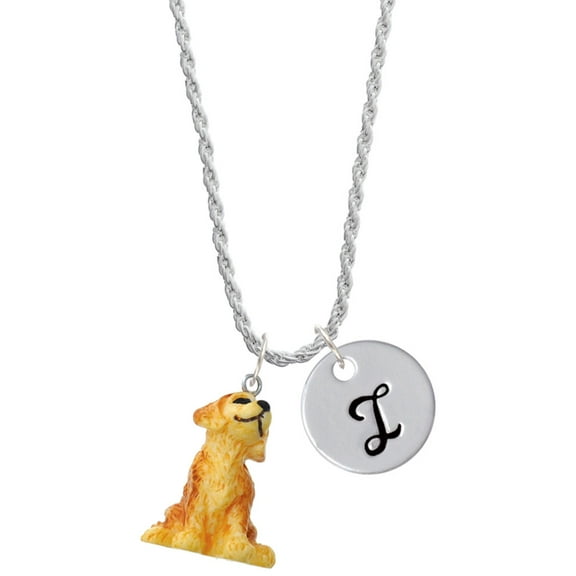 Delight Jewelry Resin Sitting Puppy Silvertone Script Initial Disc - I - Charm Necklace, 20" 3"