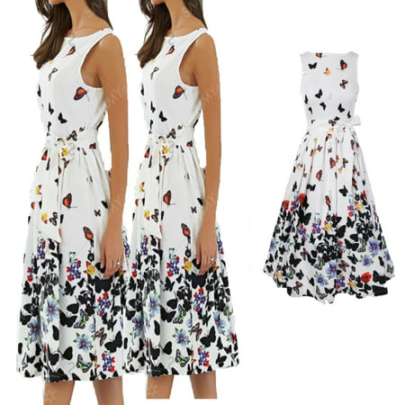 Women Summer Fashion Sweet Swing Dresses 2019 Elegant Sleeveless Butterfly Print Femme Vintage Casual Round Neck Dress