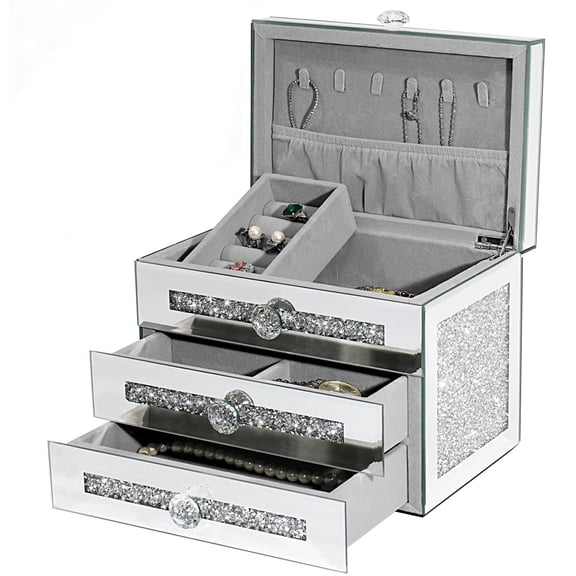 Mirrored Jewelry Case for Women, 3-Tier Glass Jewelry Storage Box with Cover & 2 Drawers, Glittery Bling Gift and Ornamental Organizer for Her