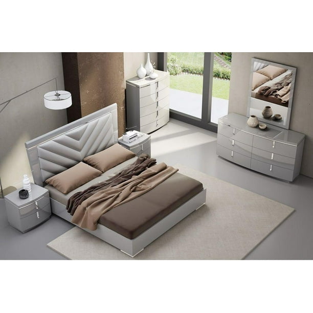 New York Modern Grey High Gloss Finish Crome Accents King Bedroom Set 5pcs J M Com New York Modern Grey High Gloss Finish, High King Bed Set With Storage