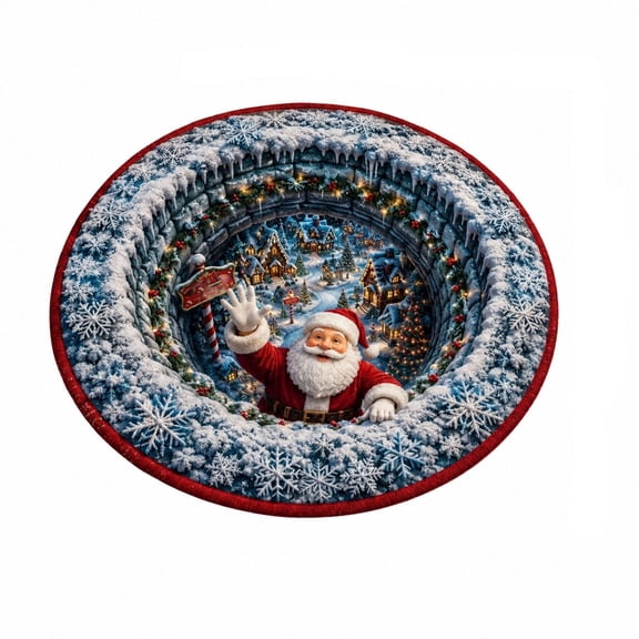 Christmas Santa Optical Illusion Round Floor Rug, 3D Vortex Design Non Slip Area Mat, Decor for Entryway, Bedroom, Living Room