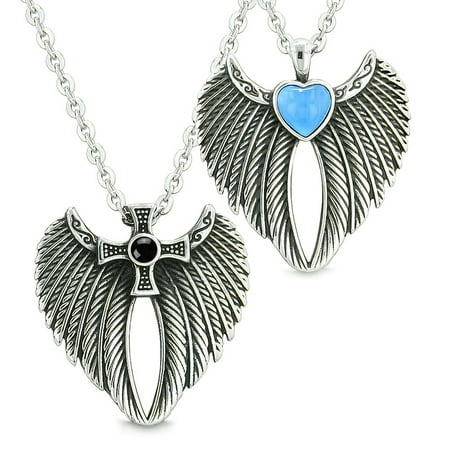 Angel Wings Heart and Cross Love Couples or Best Friends Simulated Onyx Blue Simulated Cats Eye