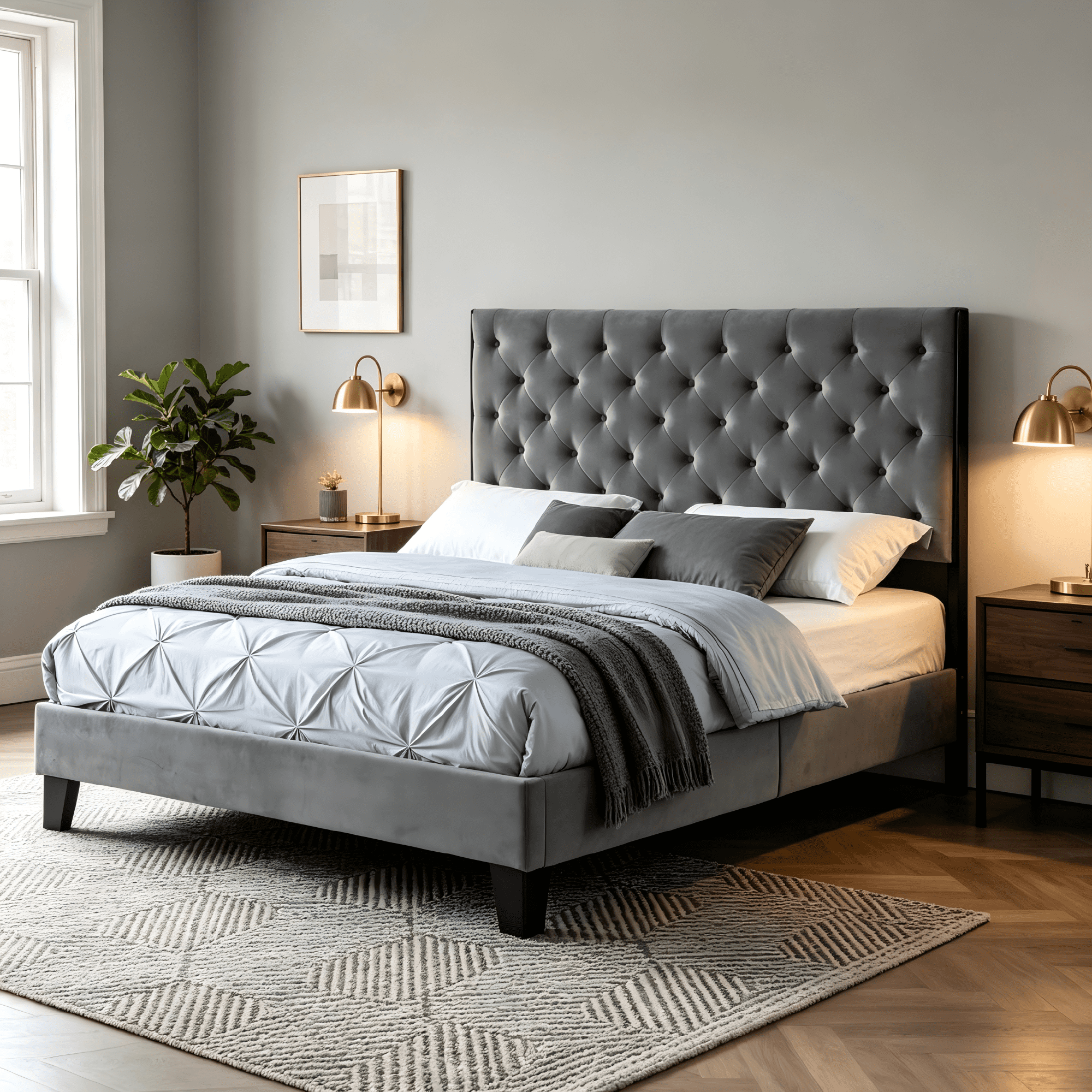 AC Pacific Modern Chic Polyester Gray Tufted Eastern King Platform Bed