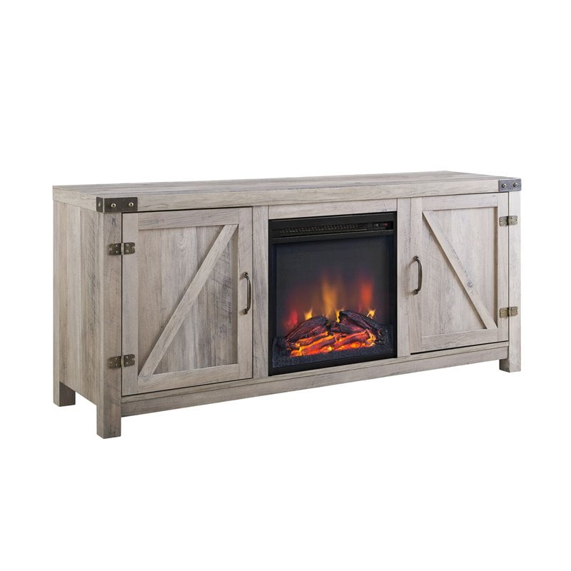 58" Farmhouse Barn Door Fireplace TV Stand Grey Wash