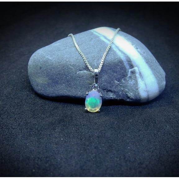 Sterling Silver Ethiopian Opal Necklace – Oval October Birthstone Pendant – Dainty Gemstone Jewelry for Women