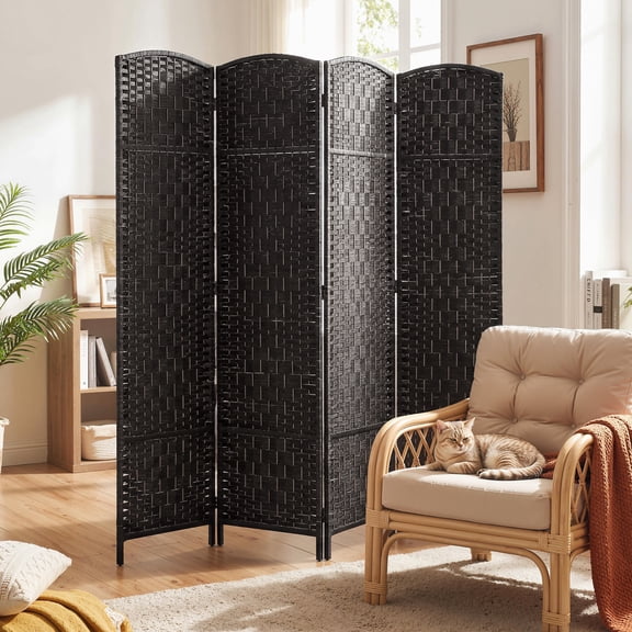 HOMCOM Room Divider, 4 Panel Folding Privacy Screen, 70.9" Tall Portable Wicker Weave Partition Wall Divider for Bedroom, Home Office, Coffee