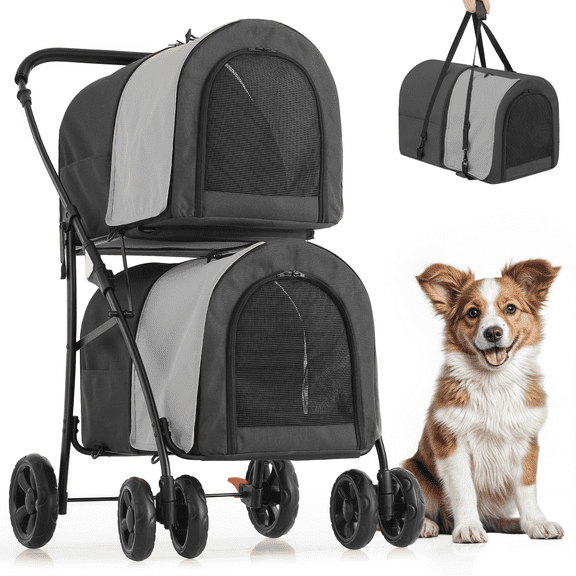 SAEWUD Double Dog Stroller with 2 Detachable Carriers, Folding 4-Wheel Pet Travel Stroller for Small & Medium Dogs or Cats – Portable Pet Carrier for Outdoor Walks & Trips