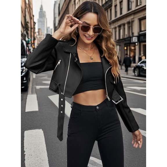 Giolshon Women's Leather Jacket Faux Motorcycle Biker Short Coat Belt Crop
