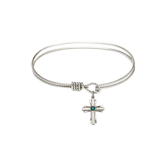 7 1/4 inch Oval Eye Hook Bangle Bracelet w/ Cross medal charm w/ May Green Swarovski Crystal