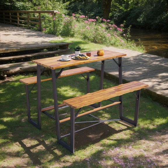 Demifill Patio Picnic Table Bench Set, Patio Dining Set with Acacia Wood Tabletop and Benchtop for Outdoor as Garden, Backyard, Porch, Natural