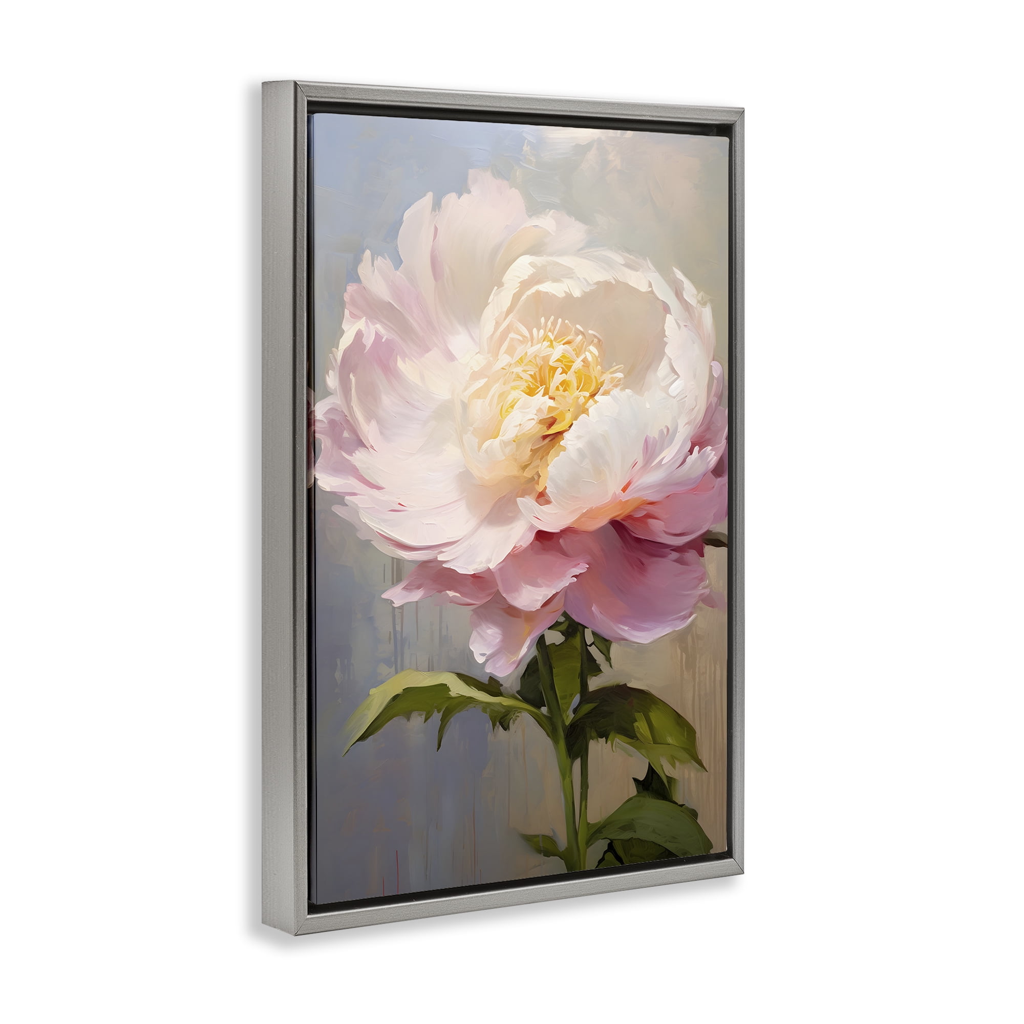 Stupell Industries Pink Rose in Bloom Botanical & Floral Painting Gray Floater Framed Art Print Wall Art, 21 x 31