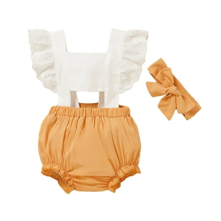 

Newborn Baby Girls Outfits Jumpsuit Onesies Bodysuit Ruffle Sleeve Square Neck Hollow Out Splice Romper + Headband 2PCS Clothes Set 0-3 Months Yellow