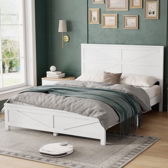 URTR White Queen Size Farmhouse Bed with Barn Door Headboard & Footboard, Solid Pine Wood Platform Frame with Under-Bed Storage, No Box Spring Needed