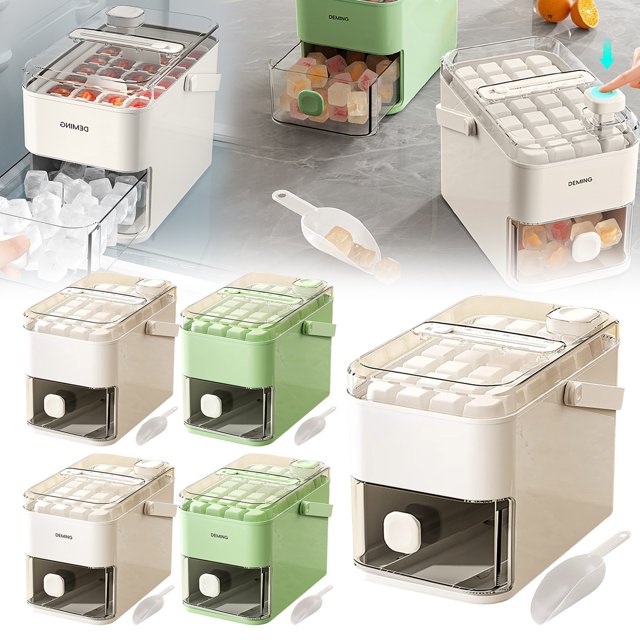 Compact Double Layer Ice Cube Tray With Lid And One Click Demolding Pull Out Ice Drawer With Portable Handle Includes 2 Large Ice