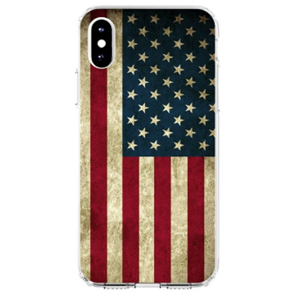 DistinctInk Clear Shockproof Hybrid Case for iPhone XR (6.1" Screen) - TPU Bumper, Acrylic Back, Tempered Glass Screen Protector - Red White Blue United States Flag Old - United States of America