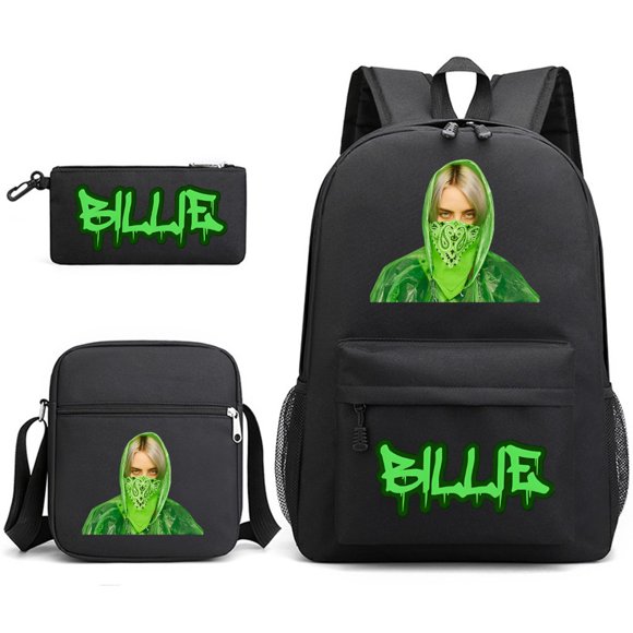Billie Eilish Three-Piece School Bag Backpack Student Stationery Bag Printed Backpack Black~1 -COCHIE